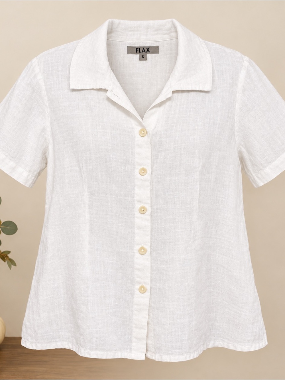 Flax 100% Line White Short-Sleeve Button-Down Shirt